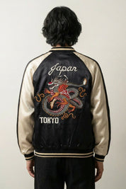 Sukajan dragón Tokio Raijin no Tora beige poliéster bordado dragón rojo streetwear japonés Ropa Japonesa