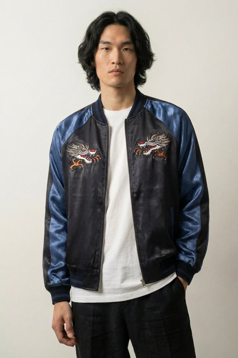 Sukajan dragón Tokio Raijin no Tora beige poliéster bordado dragón rojo streetwear japonés Ropa Japonesa