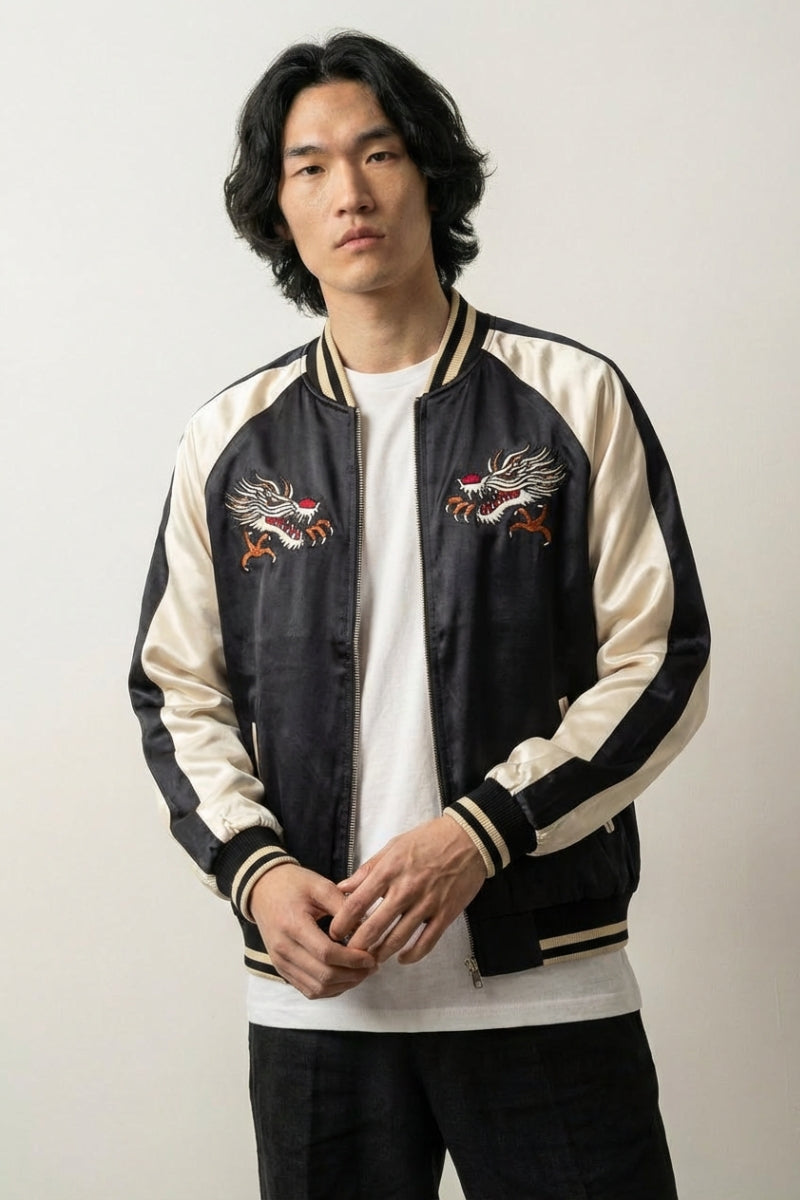 Sukajan dragón Tokio Raijin no Tora beige poliéster bordado dragón rojo streetwear japonés Ropa Japonesa