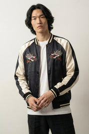 Sukajan dragón Tokio Raijin no Tora beige poliéster bordado dragón rojo streetwear japonés Ropa Japonesa