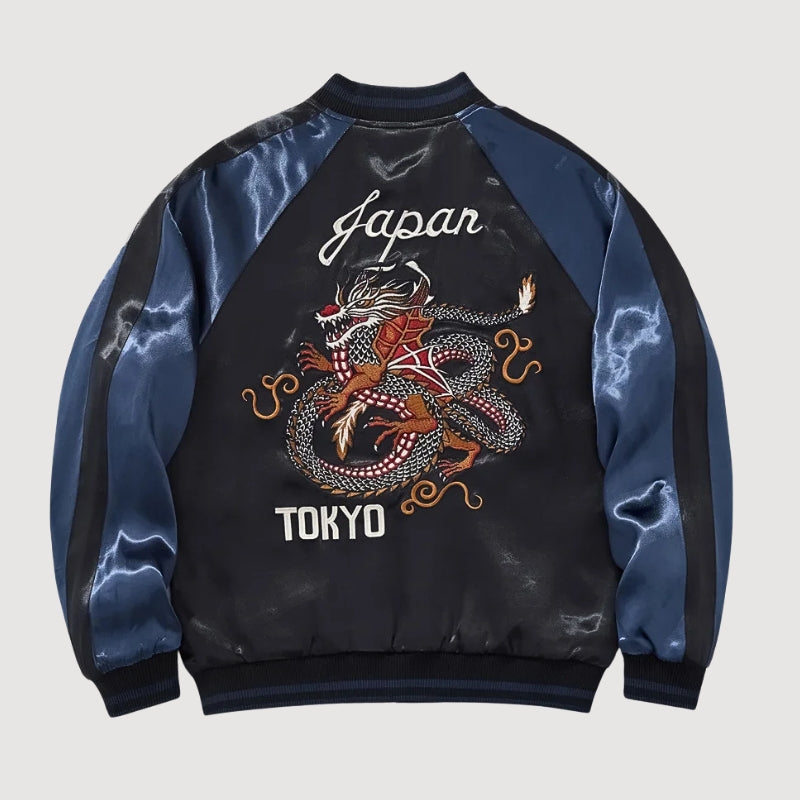 Sukajan dragón Tokio Raijin no Tora beige poliéster bordado dragón rojo streetwear japonés Ropa Japonesa