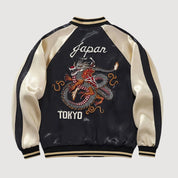 Sukajan dragón Tokio Raijin no Tora beige poliéster bordado dragón rojo streetwear japonés Ropa Japonesa