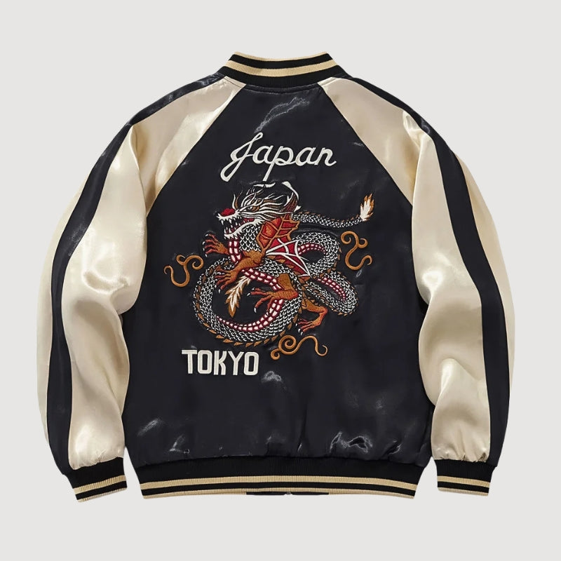 Sukajan dragón Tokio Raijin no Tora beige poliéster bordado dragón rojo streetwear japonés Ropa Japonesa