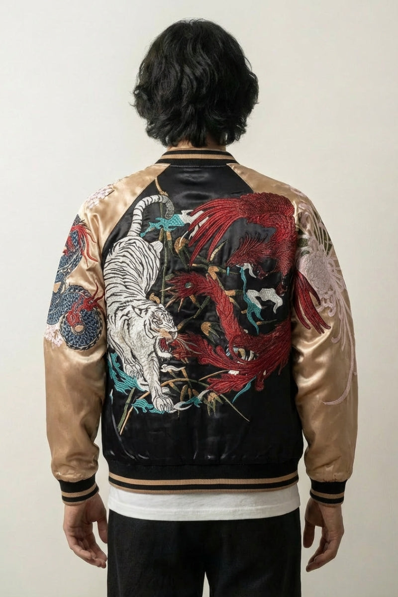 Sukajan Byakko no Hi caqui, bordado en la espalda del tigre blanco guardián del Oeste frente a un dragón, cazadora souvenir japonesa - Ropa Japonesa