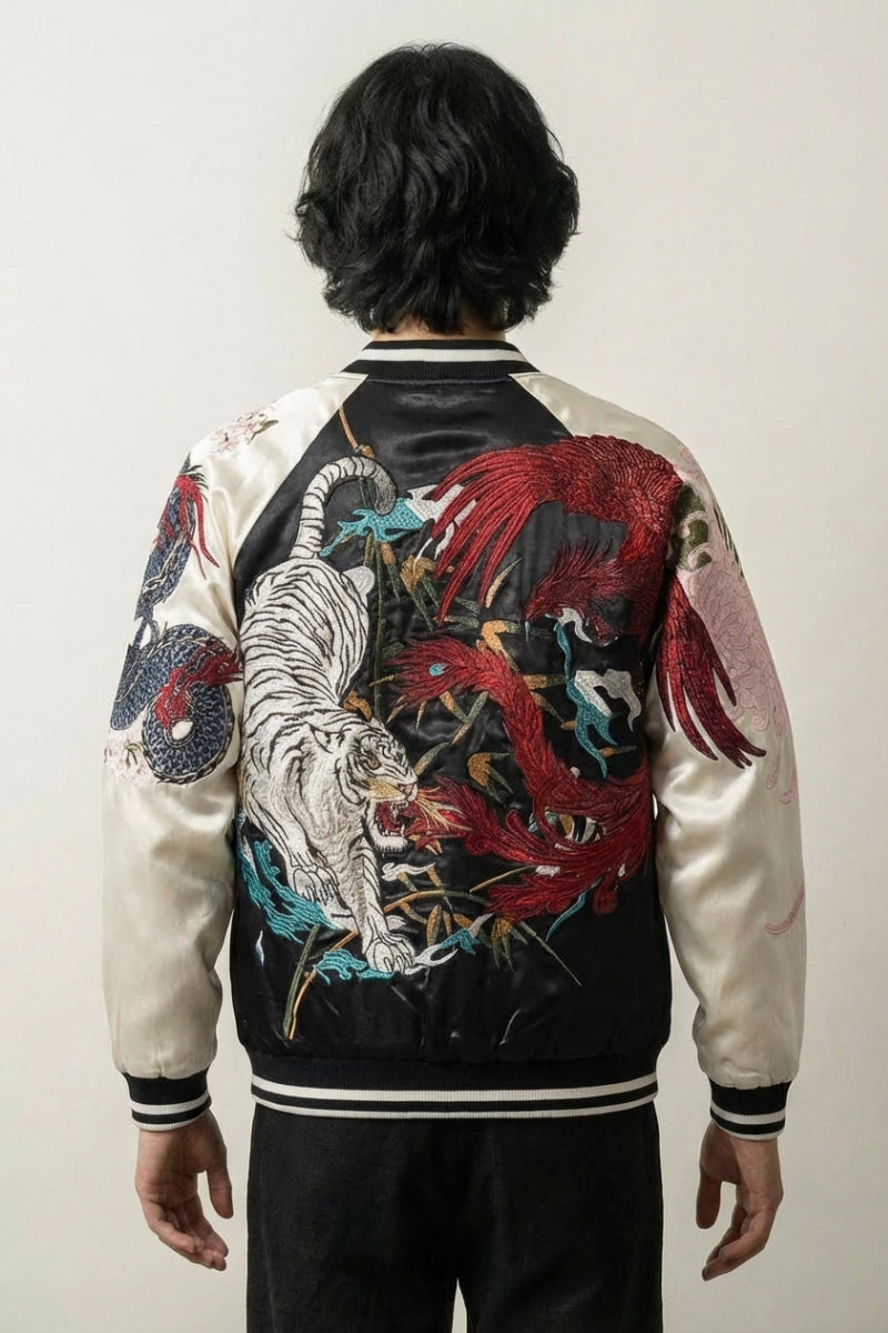 Sukajan espíritus bordados Byakko no Hi blanco poliéster tigre blanco dragón streetwear japonés Ropa Japonesa