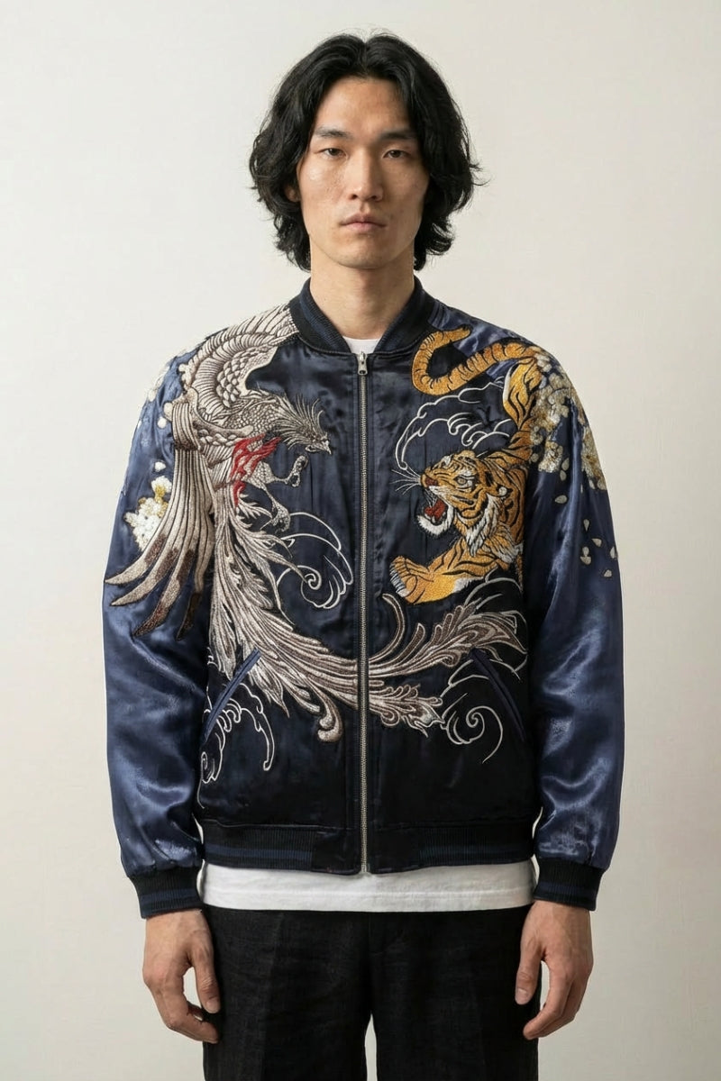 Sukajan fénix bordado Tsukikage azul marino poliéster dragón dorado streetwear japonés Ropa Japonesa