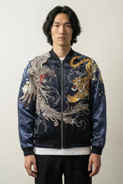 Sukajan fénix bordado Tsukikage azul marino poliéster dragón dorado streetwear japonés Ropa Japonesa