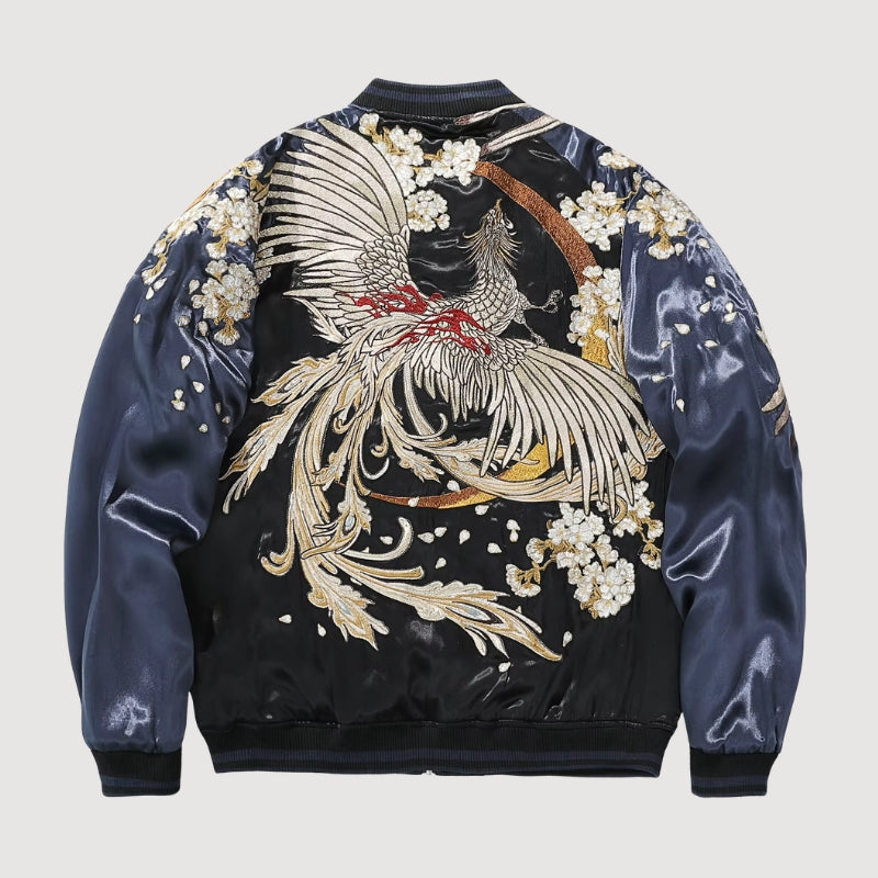 Sukajan fénix bordado Tsukikage azul marino poliéster dragón dorado streetwear japonés Ropa Japonesa