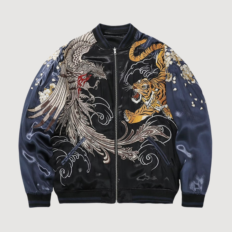 Sukajan fénix bordado Tsukikage azul marino poliéster dragón dorado streetwear japonés Ropa Japonesa