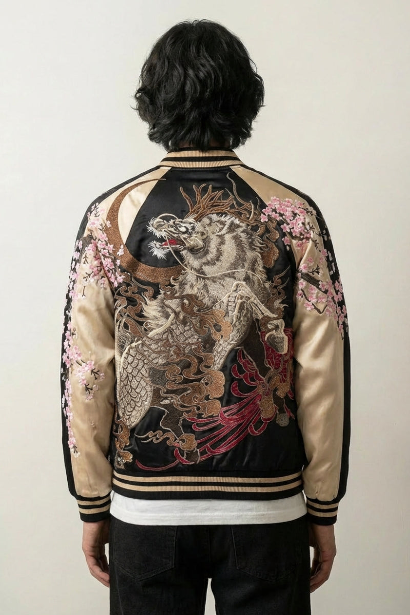 Sukajan kirin bordado Getsumei beige poliéster león shishi dorado streetwear japonés Ropa Japonesa