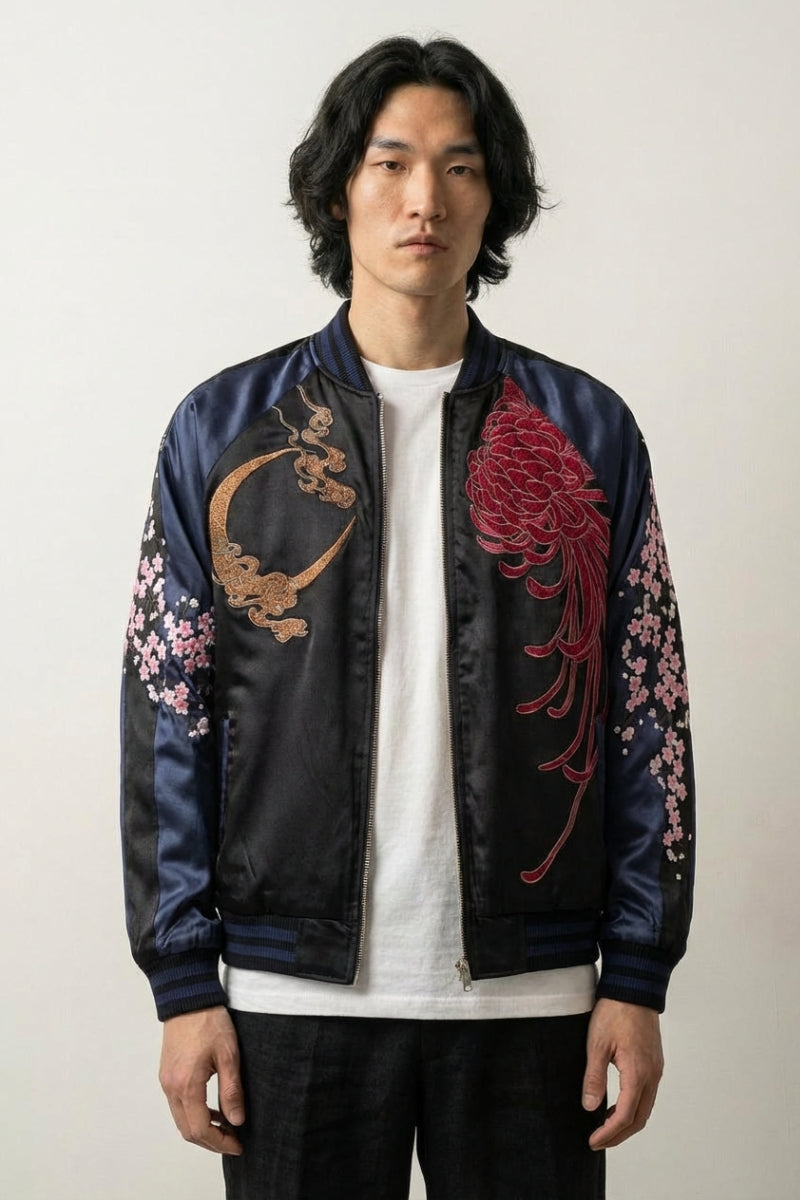 Sukajan kirin bordado Getsumei beige poliéster león shishi dorado streetwear japonés Ropa Japonesa