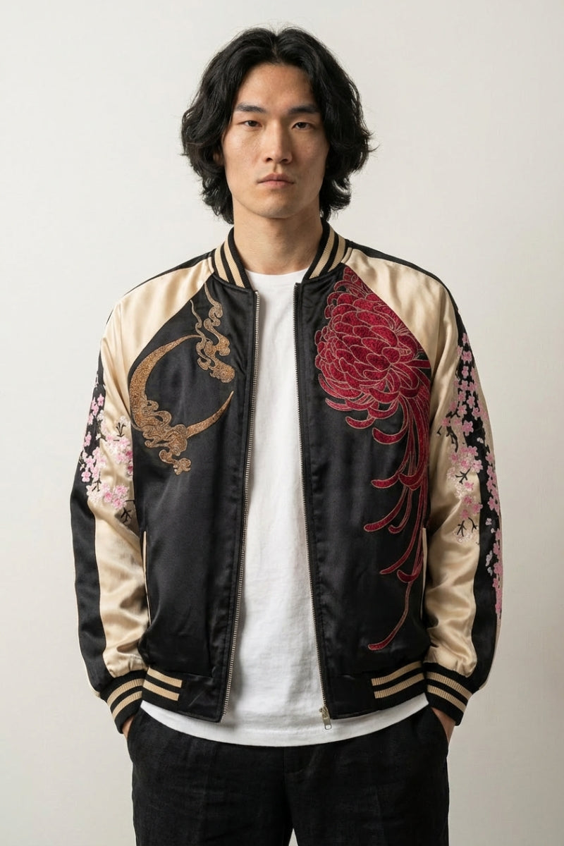 Sukajan kirin bordado Getsumei beige poliéster león shishi dorado streetwear japonés Ropa Japonesa