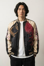 Sukajan kirin bordado Getsumei beige poliéster león shishi dorado streetwear japonés Ropa Japonesa