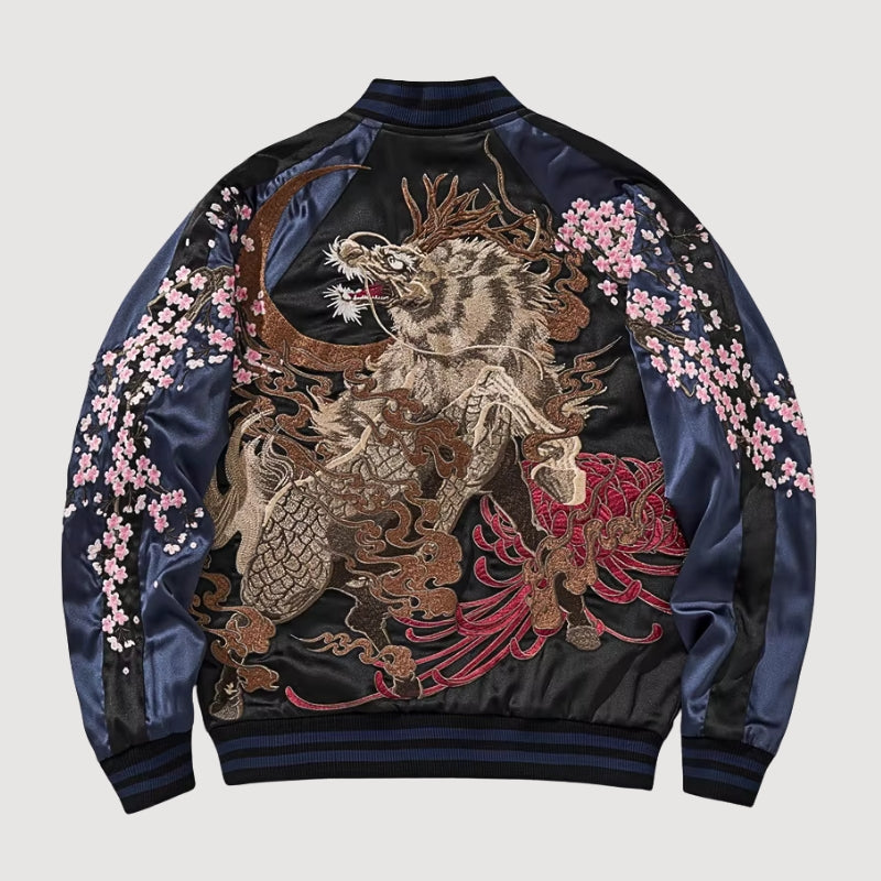 Sukajan kirin bordado Getsumei beige poliéster león shishi dorado streetwear japonés Ropa Japonesa