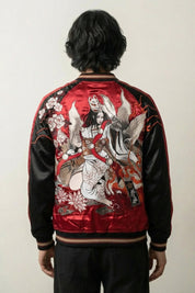 Sukajan Akuma no Hana rojo, bordado en la espalda de un guerrero montado lanzado al galope entre las flores, cazadora souvenir japonesa - Ropa Japonesa
