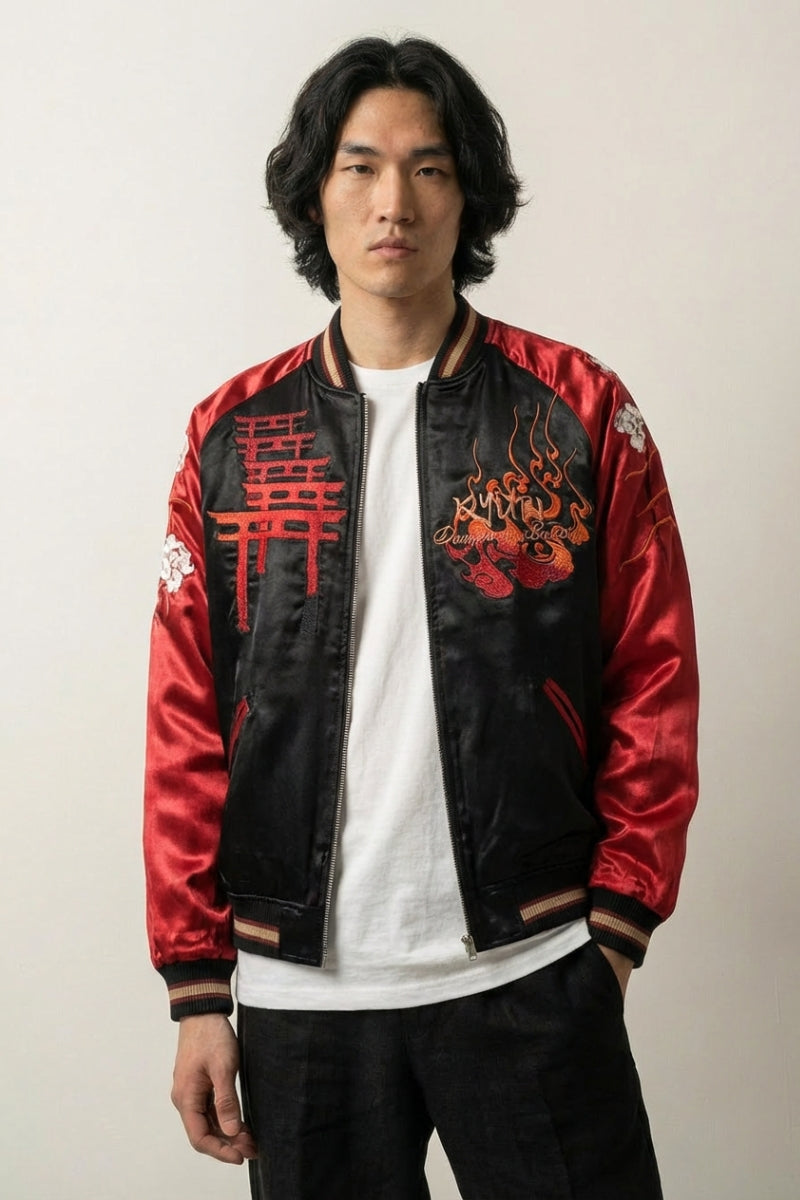 Sukajan kitsune Akuma no Hana rojo poliéster guerrero al galope streetwear japonés Ropa Japonesa
