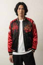 Sukajan kitsune Akuma no Hana rojo poliéster guerrero al galope streetwear japonés Ropa Japonesa