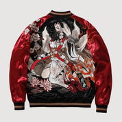 Sukajan kitsune Akuma no Hana rojo poliéster guerrero al galope streetwear japonés Ropa Japonesa