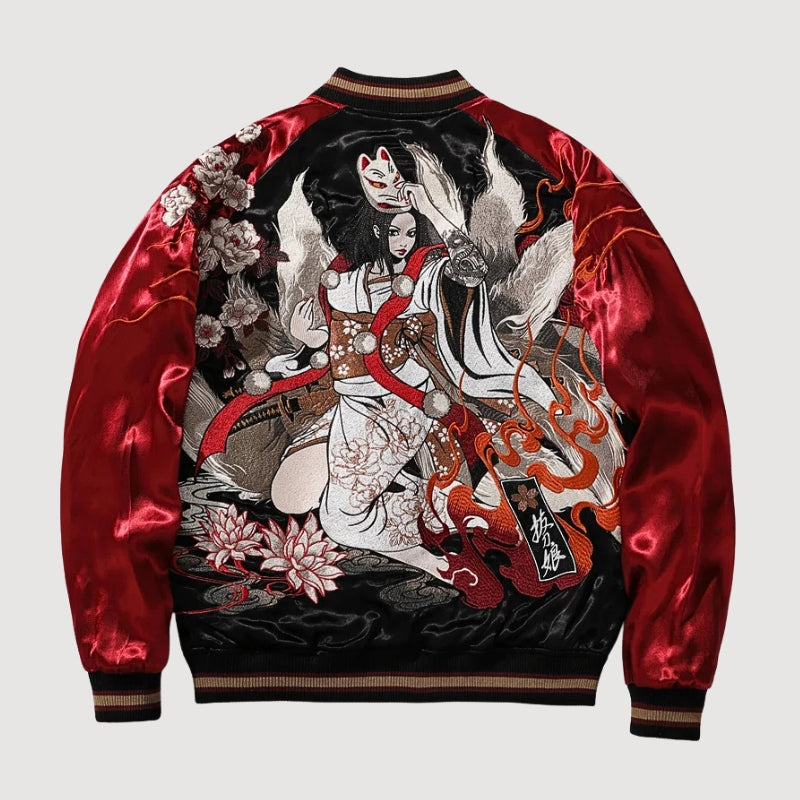 Sukajan kitsune Akuma no Hana rojo poliéster guerrero al galope streetwear japonés Ropa Japonesa
