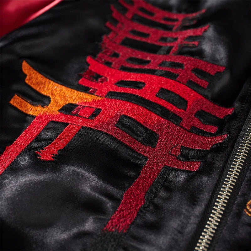 Sukajan kitsune Akuma no Hana rojo poliéster guerrero al galope streetwear japonés Ropa Japonesa