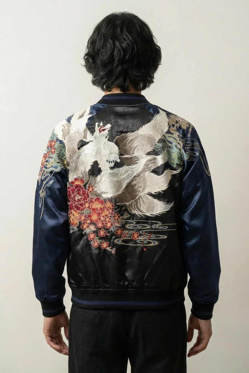 Chaqueta Sukajan Kitsune Kotsu Haku vista trasera bordado poliéster cazadora souvenir sukajan streetwear japonés Ropa Japonesa