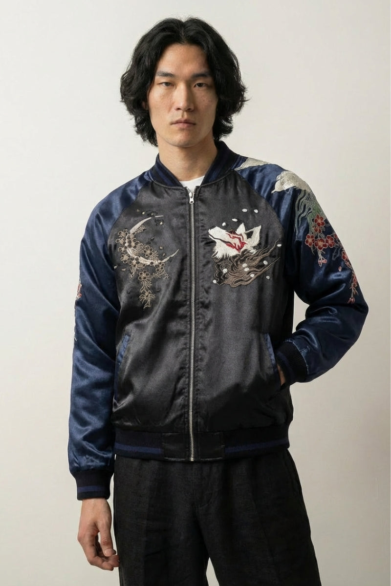 Chaqueta Sukajan Kitsune Kotsu Haku vista trasera bordado poliéster cazadora souvenir sukajan streetwear japonés Ropa Japonesa