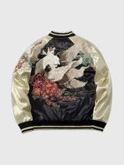 Chaqueta Sukajan Kitsune Kotsu Haku vista trasera bordado poliéster cazadora souvenir sukajan streetwear japonés Ropa Japonesa