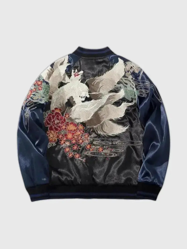 Chaqueta Sukajan Kitsune Kotsu Haku vista trasera bordado poliéster cazadora souvenir sukajan streetwear japonés Ropa Japonesa