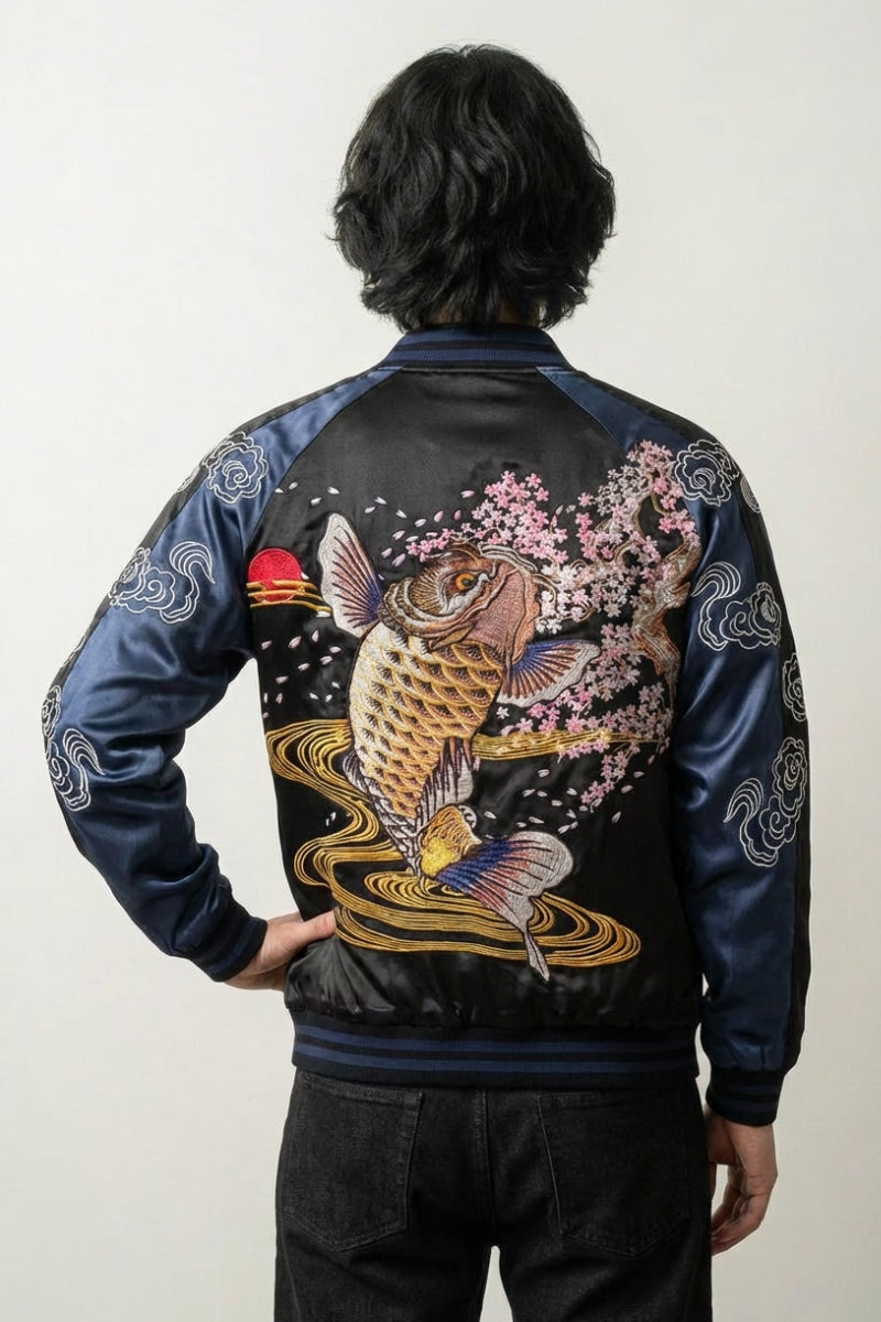 Sukajan koi Hanami no Taki azul poliéster carpas cascada streetwear japonés Ropa Japonesa