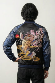 Sukajan koi Hanami no Taki azul poliéster carpas cascada streetwear japonés Ropa Japonesa