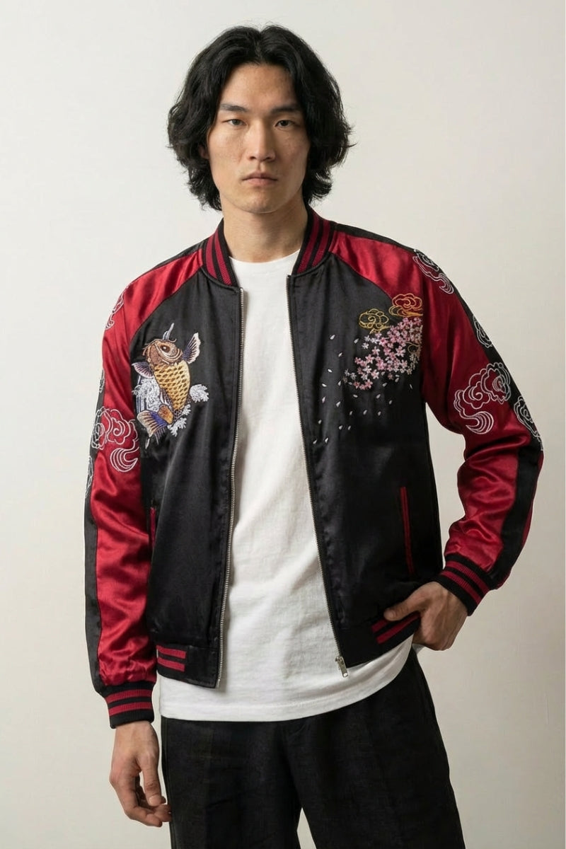 Sukajan koi Hanami no Taki azul poliéster carpas cascada streetwear japonés Ropa Japonesa