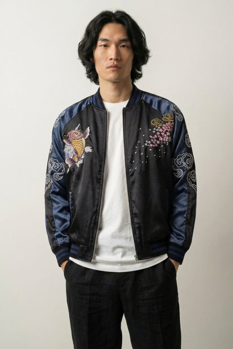 Sukajan koi Hanami no Taki azul poliéster carpas cascada streetwear japonés Ropa Japonesa