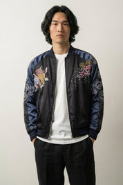 Sukajan koi Hanami no Taki azul poliéster carpas cascada streetwear japonés Ropa Japonesa