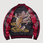 Sukajan koi Hanami no Taki azul poliéster carpas cascada streetwear japonés Ropa Japonesa