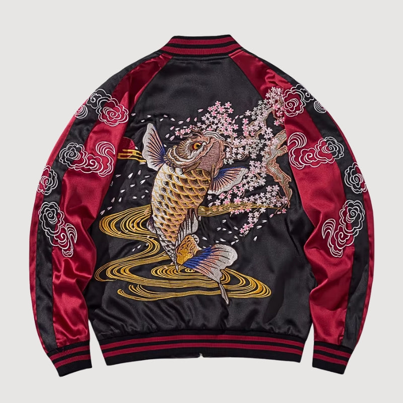 Sukajan koi Hanami no Taki azul poliéster carpas cascada streetwear japonés Ropa Japonesa