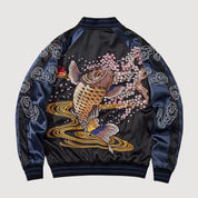 Sukajan koi Hanami no Taki azul poliéster carpas cascada streetwear japonés Ropa Japonesa