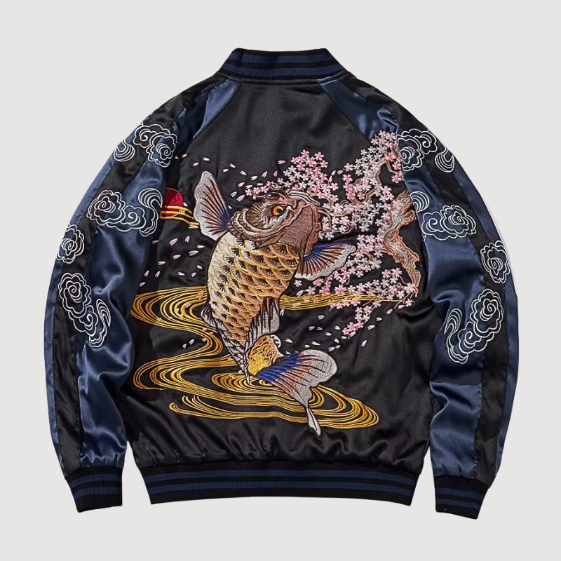 Sukajan koi Hanami no Taki azul poliéster carpas cascada streetwear japonés Ropa Japonesa
