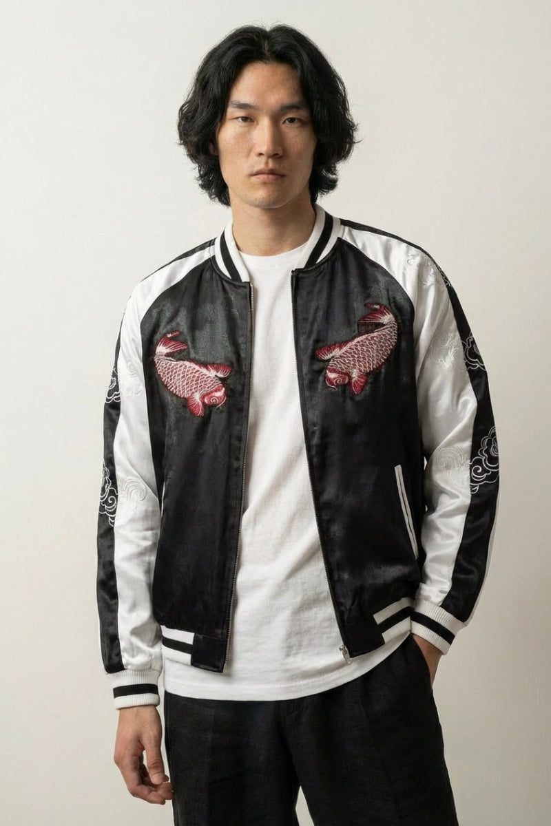 Chaqueta Sukajan Koi Takinobori vista trasera bordado poliéster cazadora souvenir sukajan streetwear japonés Ropa Japonesa
