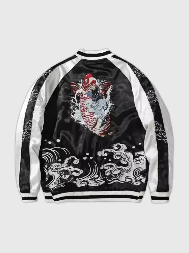 Chaqueta Sukajan Koi Takinobori vista trasera bordado poliéster cazadora souvenir sukajan streetwear japonés Ropa Japonesa