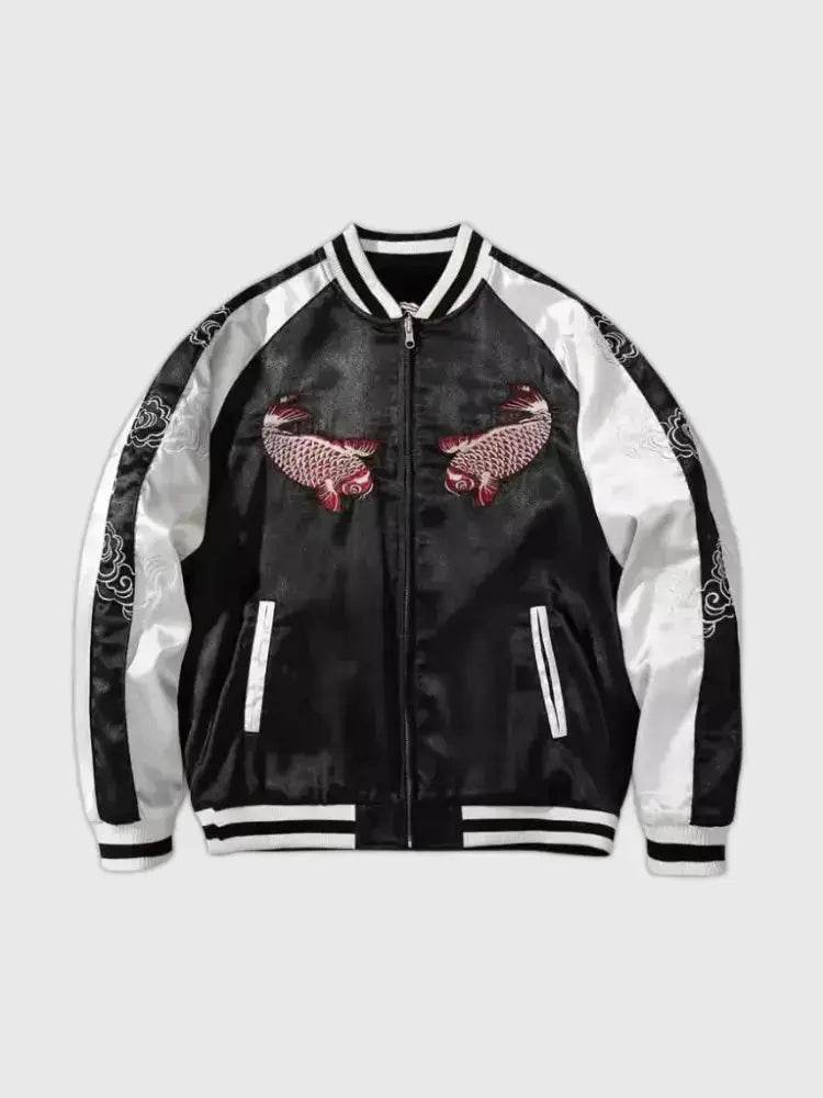 Chaqueta Sukajan Koi Takinobori vista trasera bordado poliéster cazadora souvenir sukajan streetwear japonés Ropa Japonesa