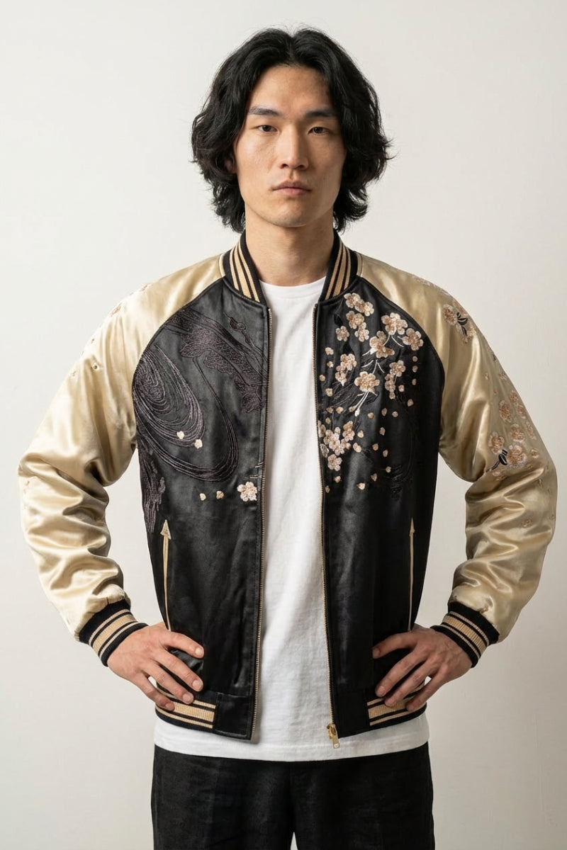 Sukajan león bordado Kogane no Ikari negro poliéster shishi dorado streetwear japonés Ropa Japonesa
