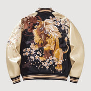 Sukajan león bordado Kogane no Ikari negro poliéster shishi dorado streetwear japonés Ropa Japonesa