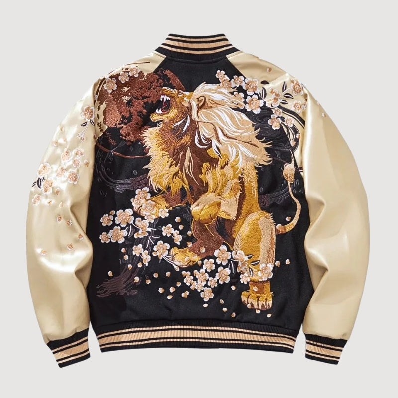 Sukajan león bordado Kogane no Ikari negro poliéster shishi dorado streetwear japonés Ropa Japonesa