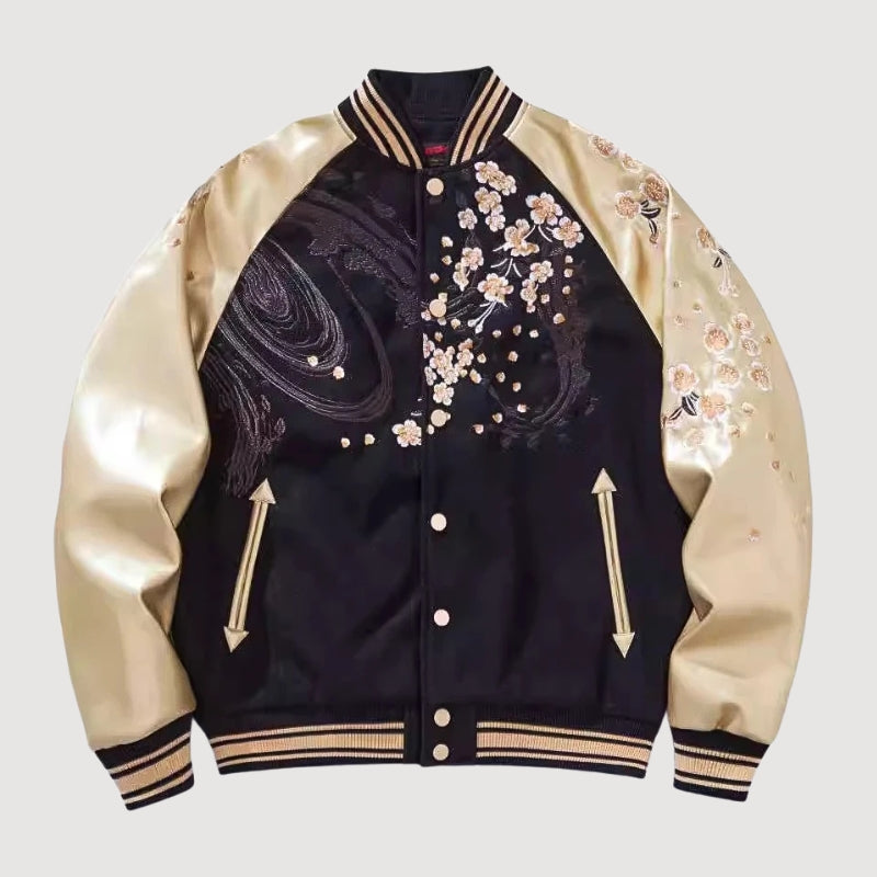 Sukajan león bordado Kogane no Ikari negro poliéster shishi dorado streetwear japonés Ropa Japonesa