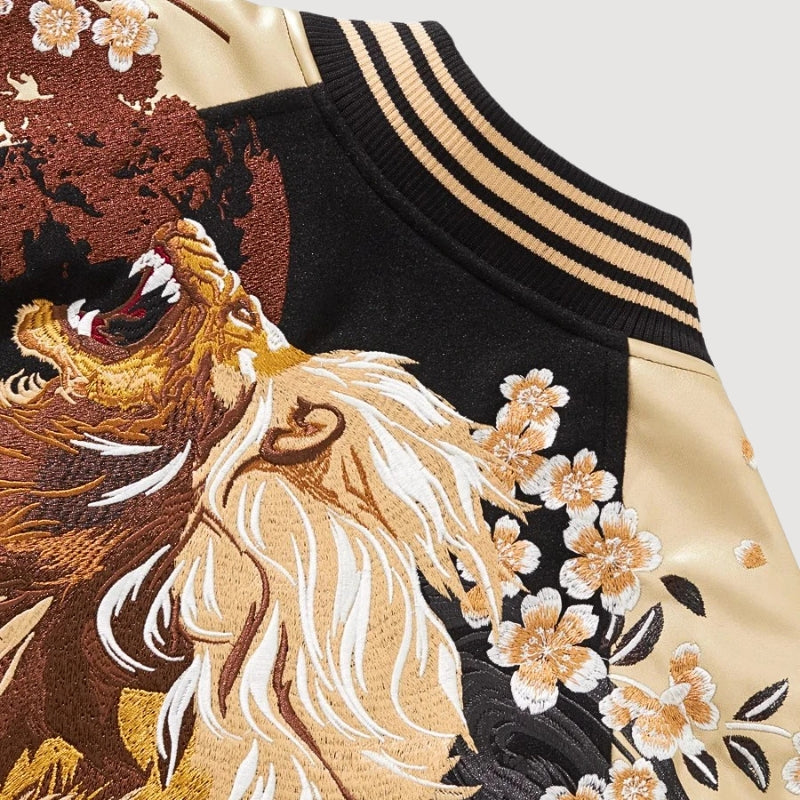 Sukajan león bordado Kogane no Ikari negro poliéster shishi dorado streetwear japonés Ropa Japonesa