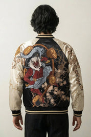 Sukajan Raijin Ten no Ikazuchi beige, bordado en la espalda del dios del trueno y sus tambores en la tormenta, cazadora souvenir japonesa - Ropa Japonesa