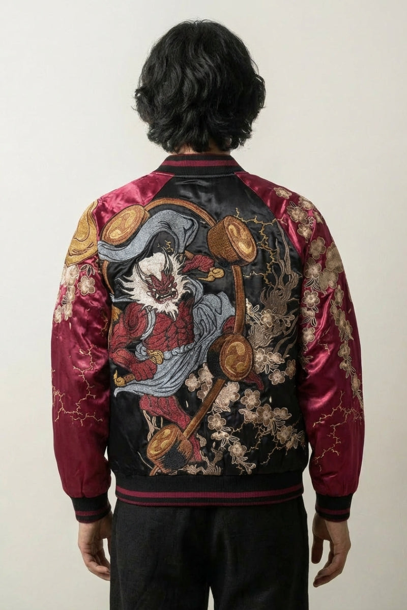 Sukajan Raijin hombre Ten no Ikazuchi rojo poliéster bordado dios trueno streetwear japonés Ropa Japonesa
