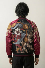 Sukajan Raijin hombre Ten no Ikazuchi rojo poliéster bordado dios trueno streetwear japonés Ropa Japonesa