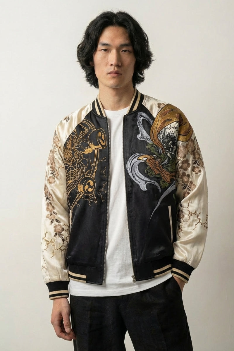 Sukajan Raijin hombre Ten no Ikazuchi rojo poliéster bordado dios trueno streetwear japonés Ropa Japonesa