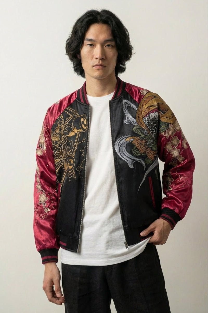 Sukajan Raijin hombre Ten no Ikazuchi rojo poliéster bordado dios trueno streetwear japonés Ropa Japonesa